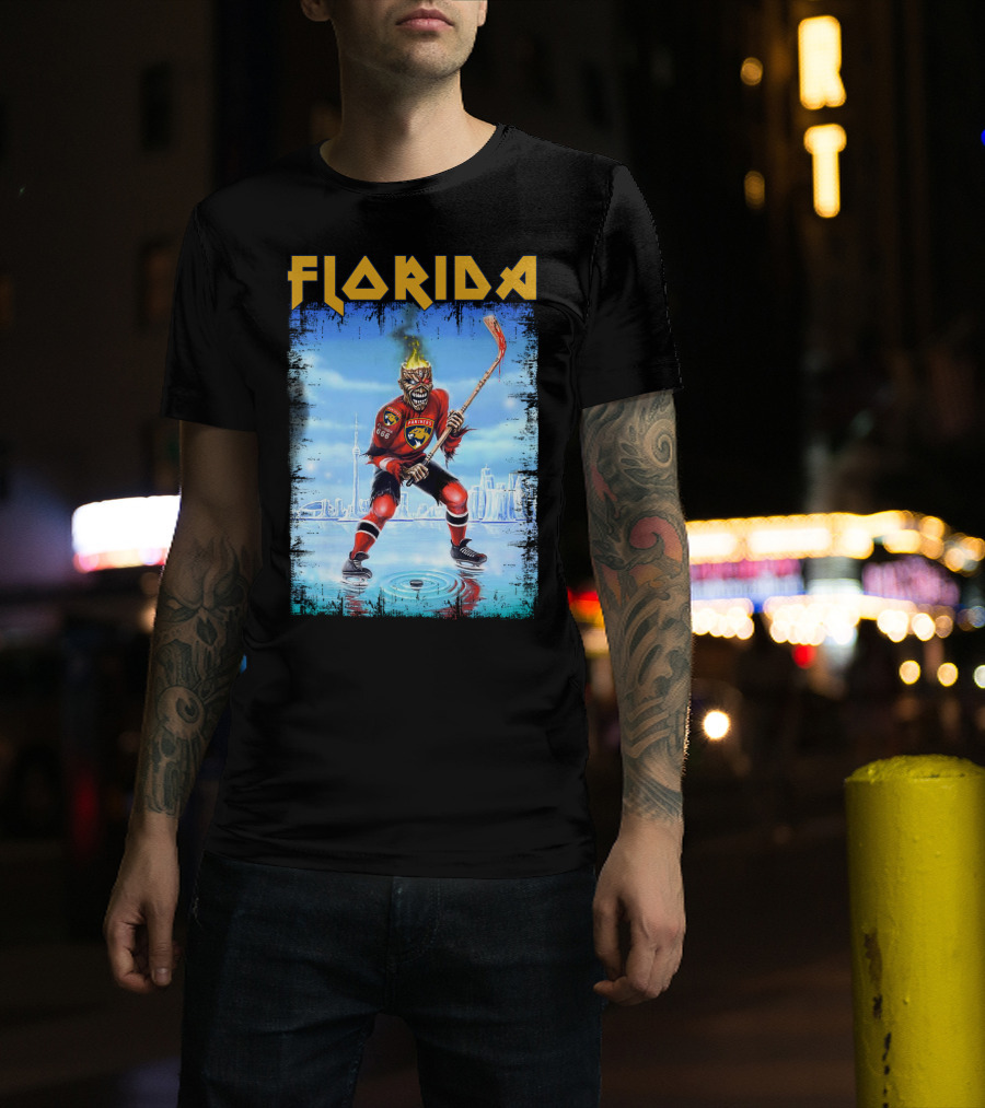 Florida Panthers Hockey Florida Ice Skeleton Hockey Player Flames T-Shirt