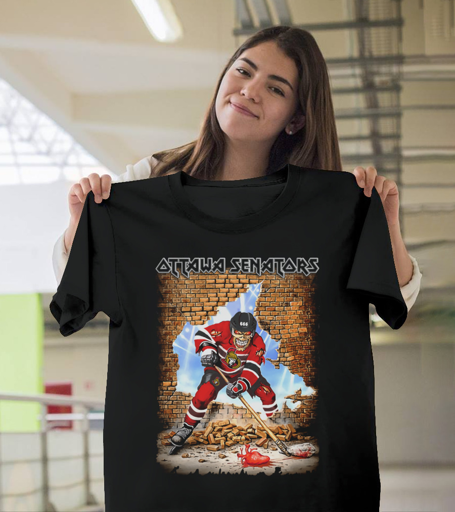 Ottawa Senators Skeleton Hockey Player Breaking Through Brick Wall T-Shirt