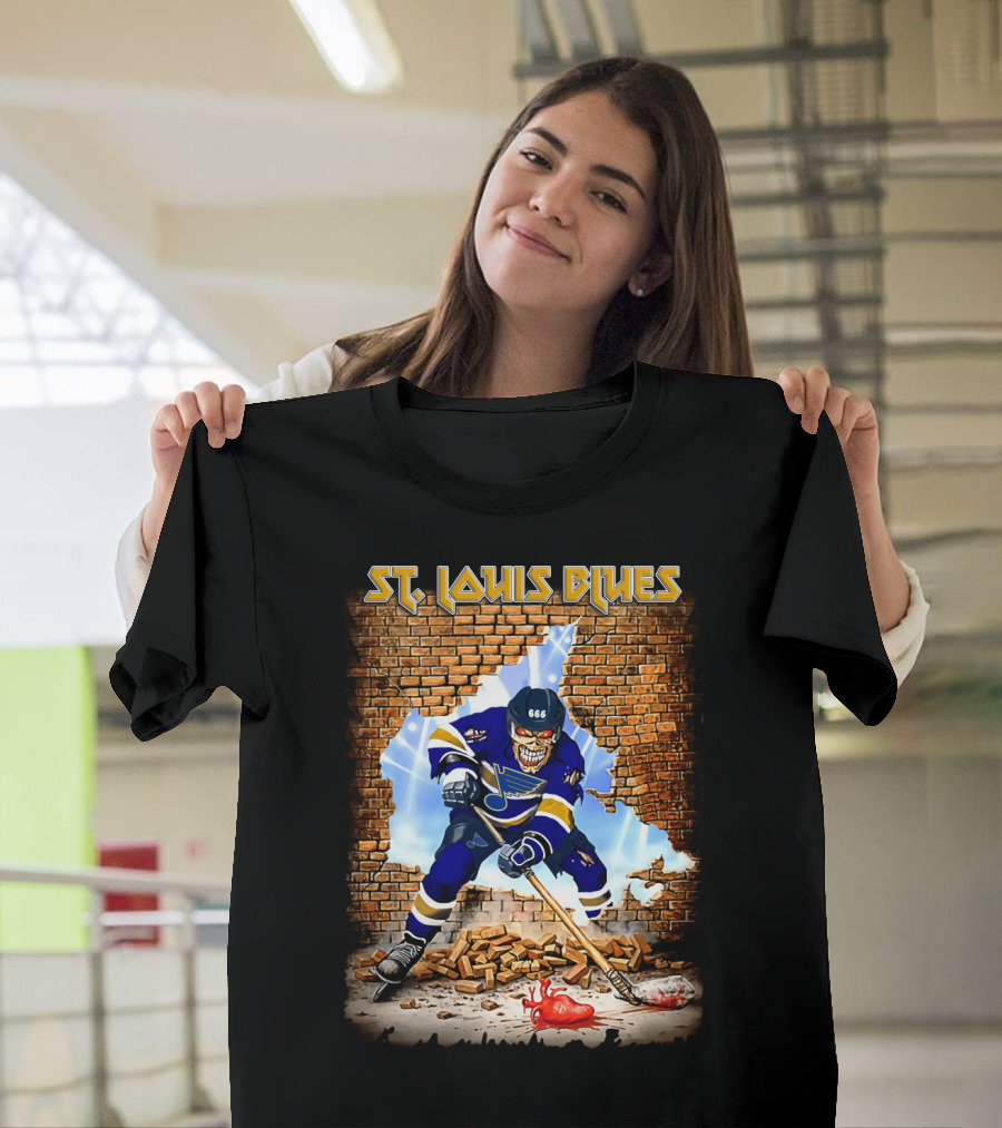 St. Louis Blues Hockey Skeleton Breaking Through Wall T-Shirt