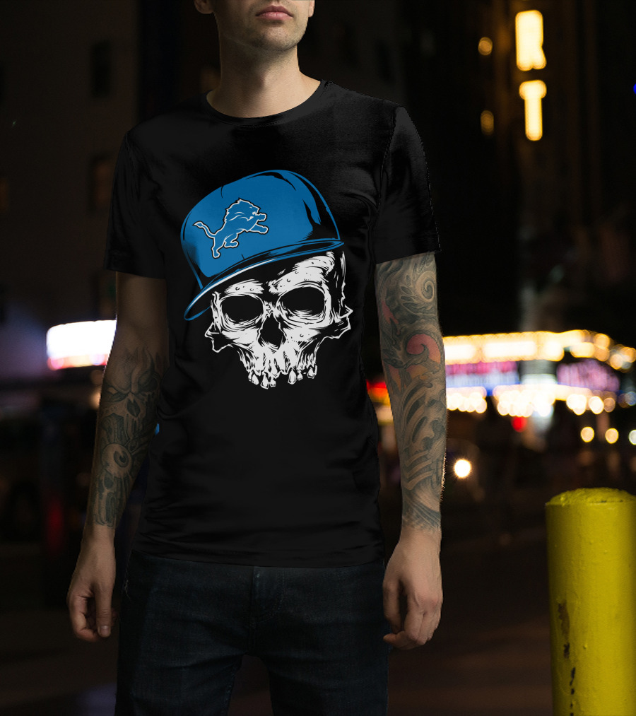 Detroit Lions Skull With Blue Cap Featuring Iconic Team T-Shirt