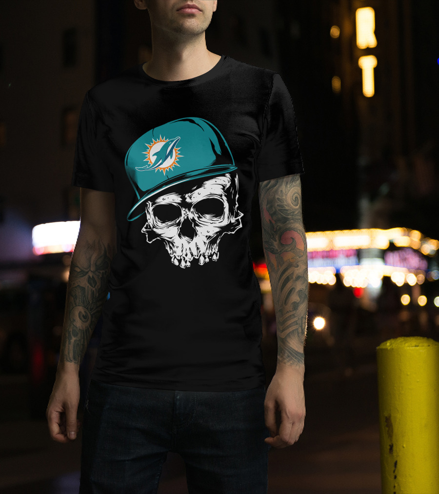 Miami Dolphins Skull With Teal Hat T-Shirt