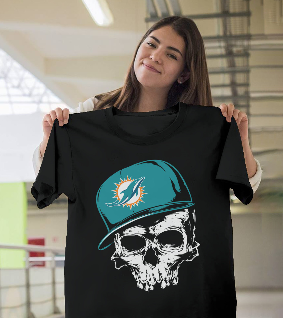 Miami Dolphins Skull With Teal Hat T-Shirt