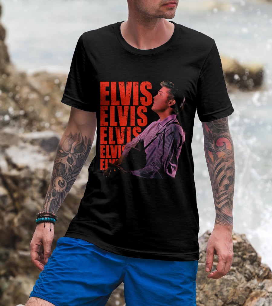 Elvis Vintage Style Portrait With Guitar T-Shirt