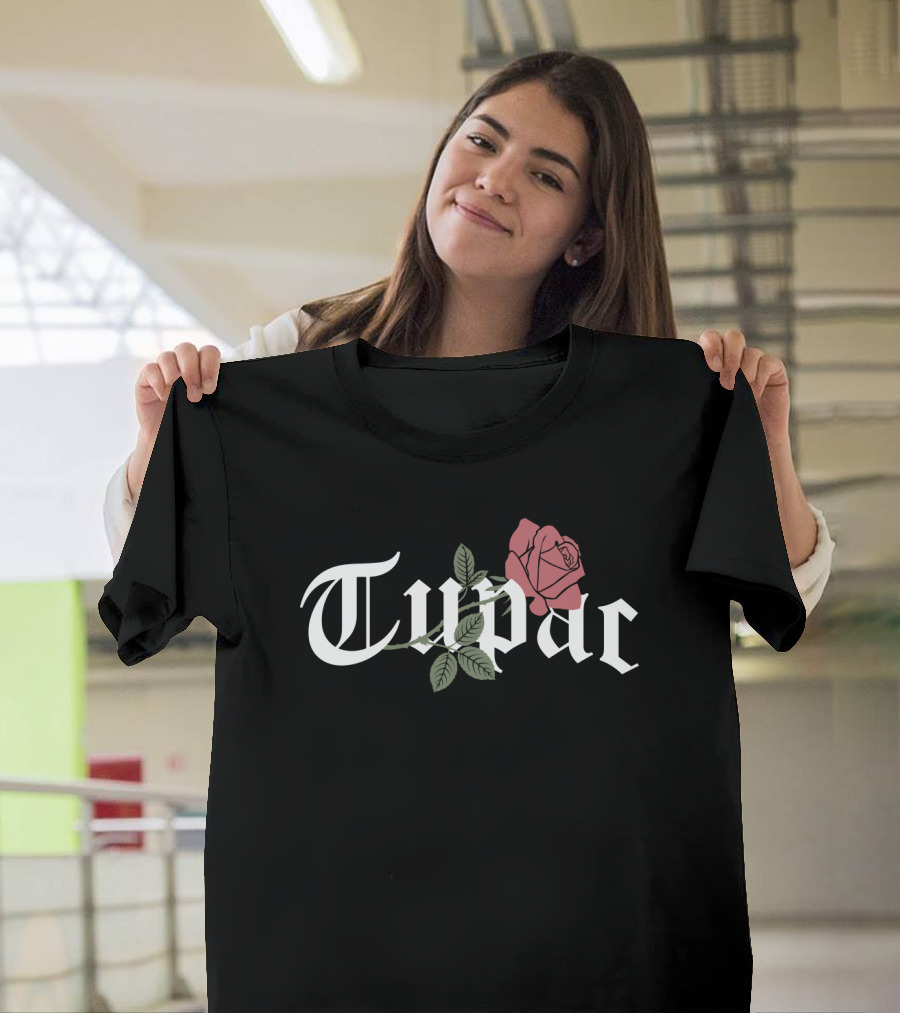 Tupac Gothic Font With Rose T-Shirt