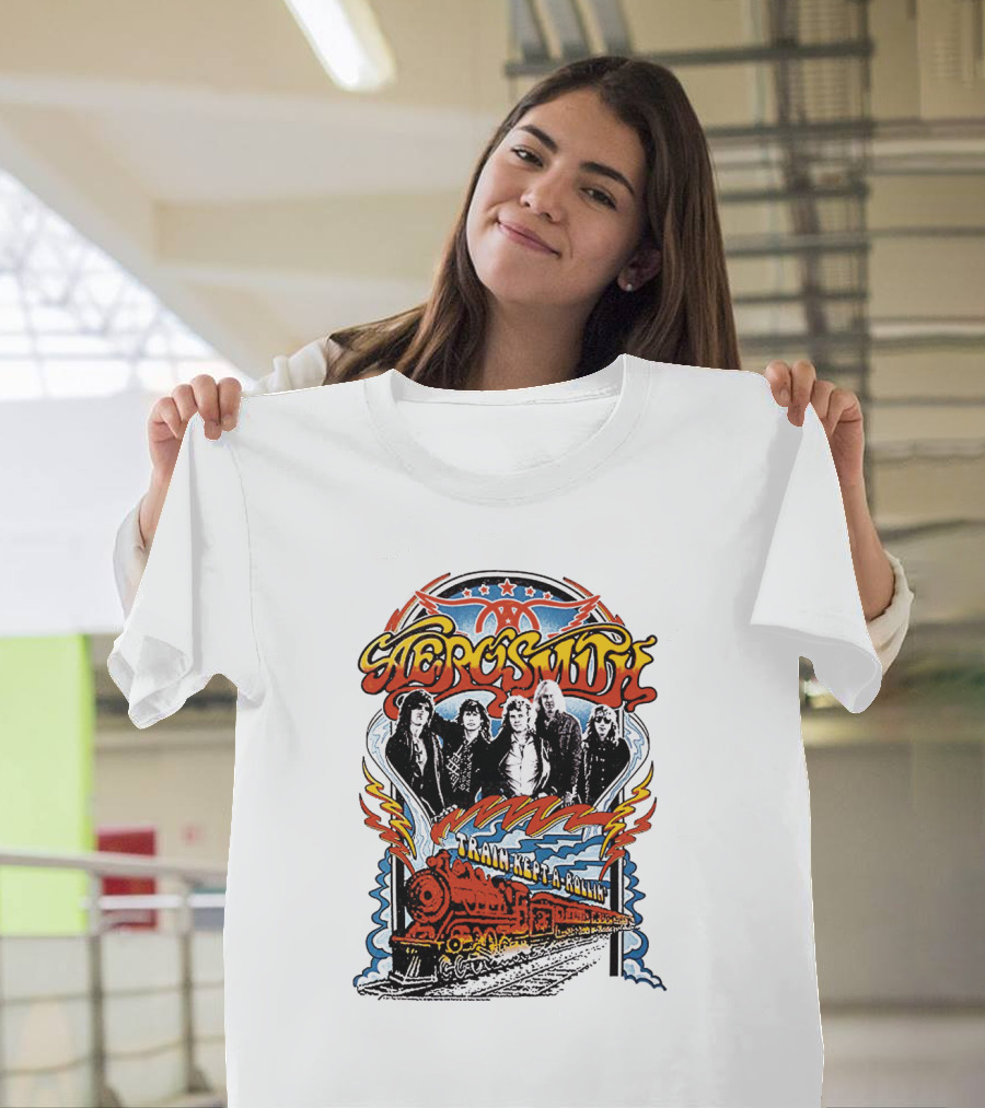 Aerosmith Train Kept A Rollin' Retro Band Graphic With Train And Stars T-Shirt