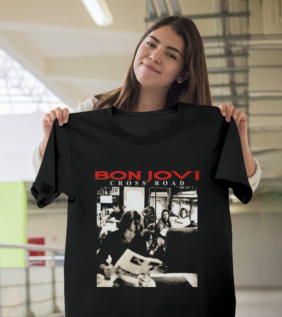 Bon Jovi Cross Road Album Cover Black and White Café Scene T-Shirt