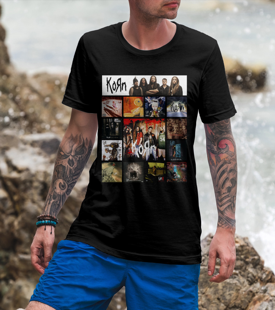 Korn Greatest Hits Collection Featuring Classic Album Covers And Band Members T-Shirt