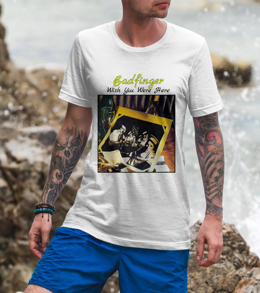 Badfinger Wish You Were Here Album Art Photographic Table Setting With Drinks And Photographs T-Shirt