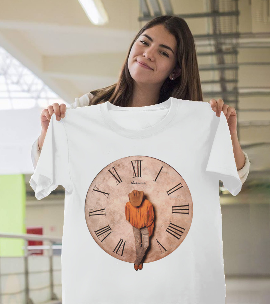Cowboy Hat Fringed Jacket Leaning On Roman Numeral Clockface This Time T-Shirt
