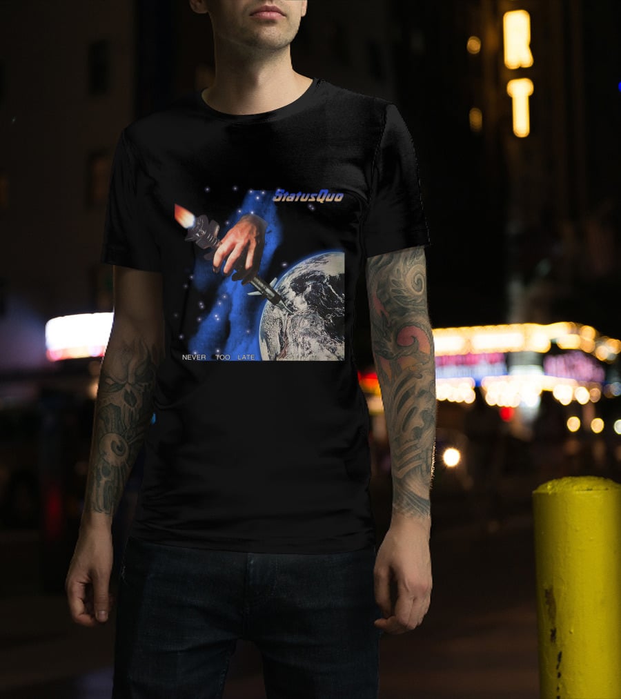 Status Quo Never Too Late Album Cover Space Hand Rocket Earth T-Shirt