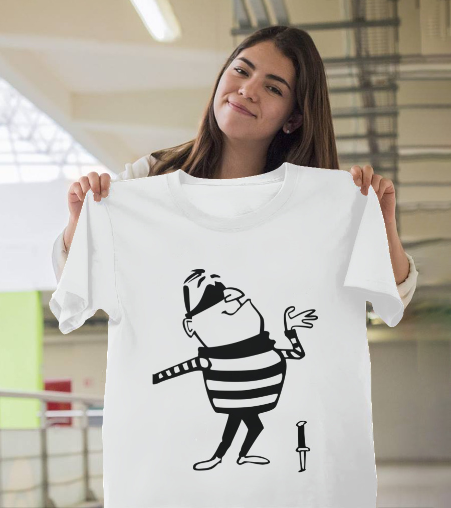 Burglar Cartoon Outline With Striped Shirt And Knife T-Shirt