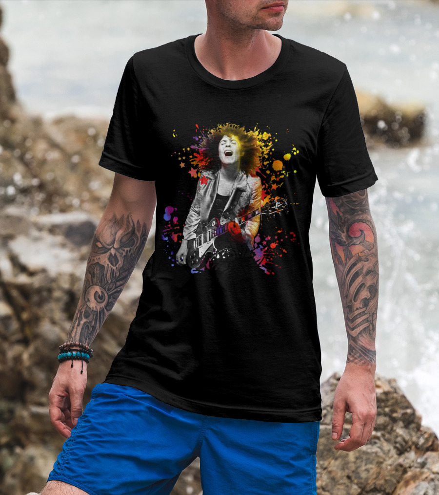 Vibrant Rock Guitarist With Colorful Splatter Explosion T-Shirt
