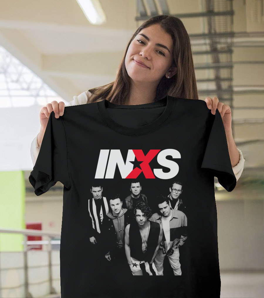 Inxs Band Black And White Group Photo With Red T-Shirt