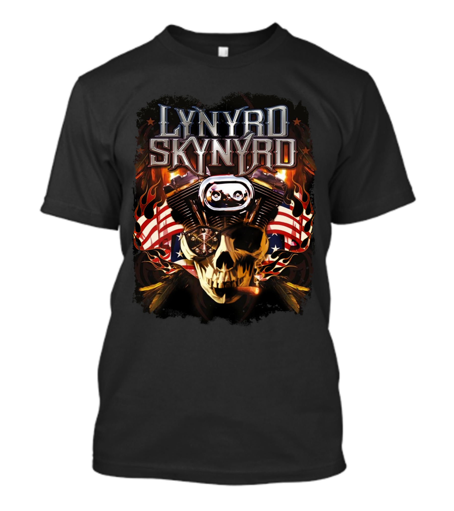 Lynyrd Skynyrd Motorcycle Engine Skull With American Flag Flames T-Shirt