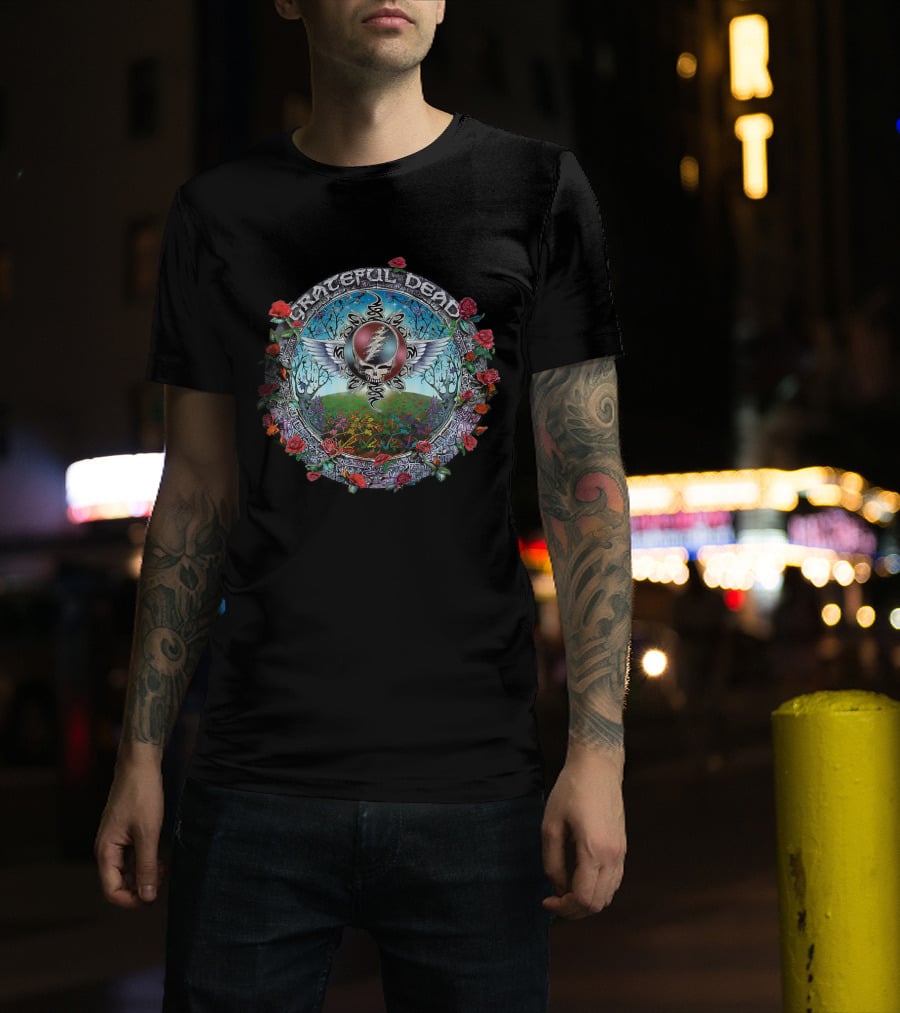 Grateful Dead Winged Steal Your Face Skull With Roses And Psychedelic Nature Scene T-Shirt