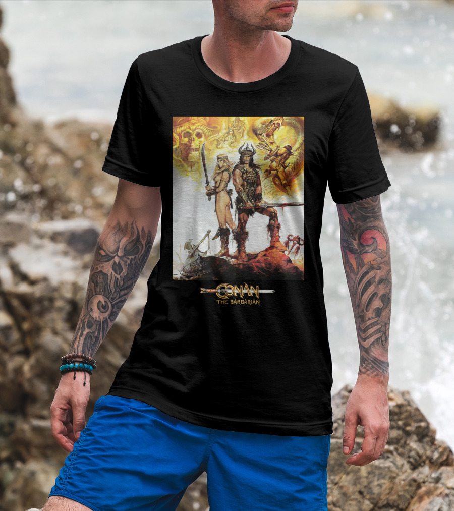 Conan The Barbarian Sword Skulls Warrior Fantasy Art T-Shirt