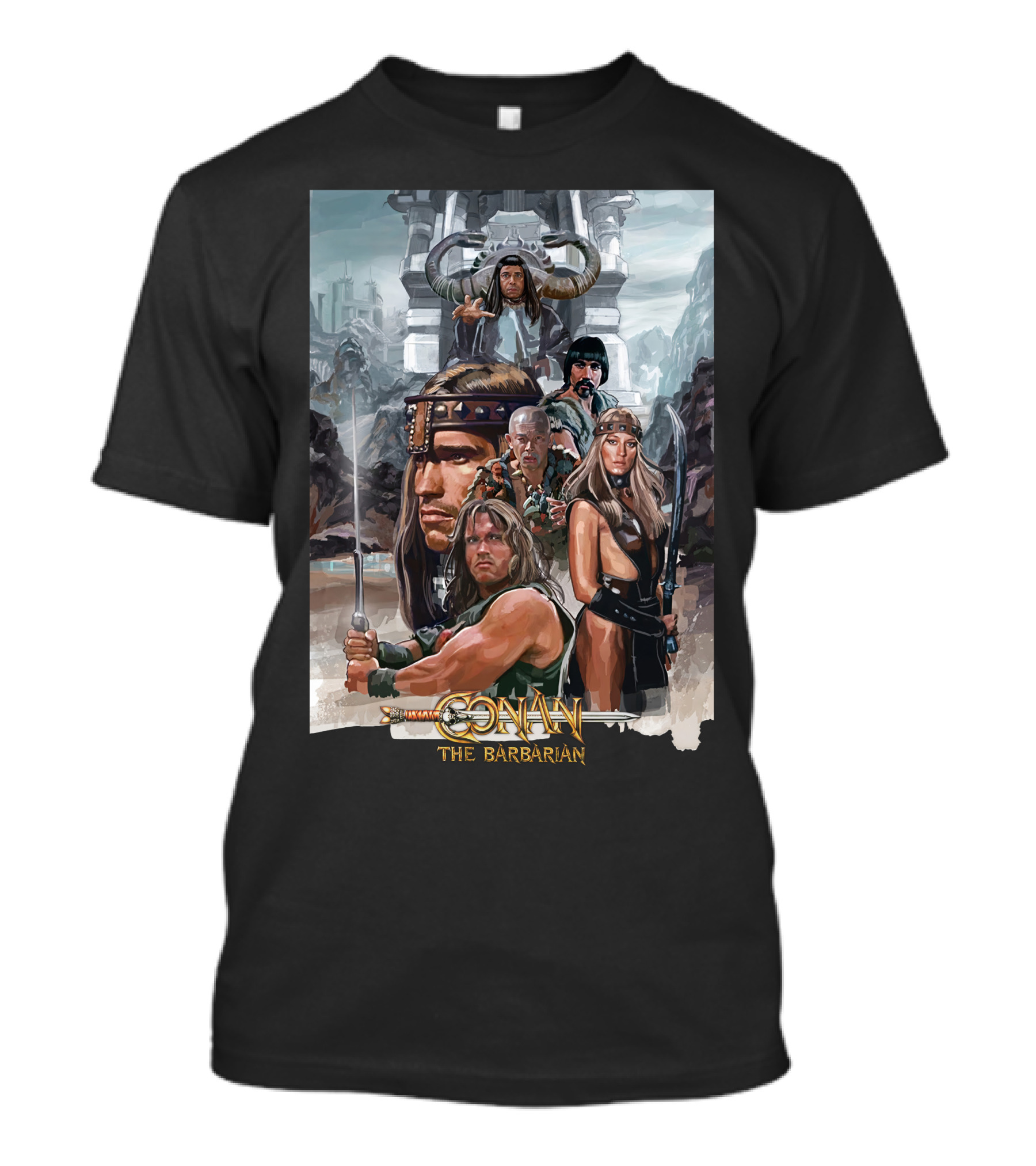 Conan The Barbarian Movie Characters Collage - Sword And Fortress T-Shirt