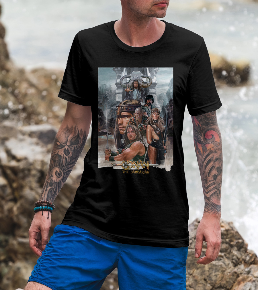 Conan The Barbarian Movie Characters Collage - Sword And Fortress T-Shirt