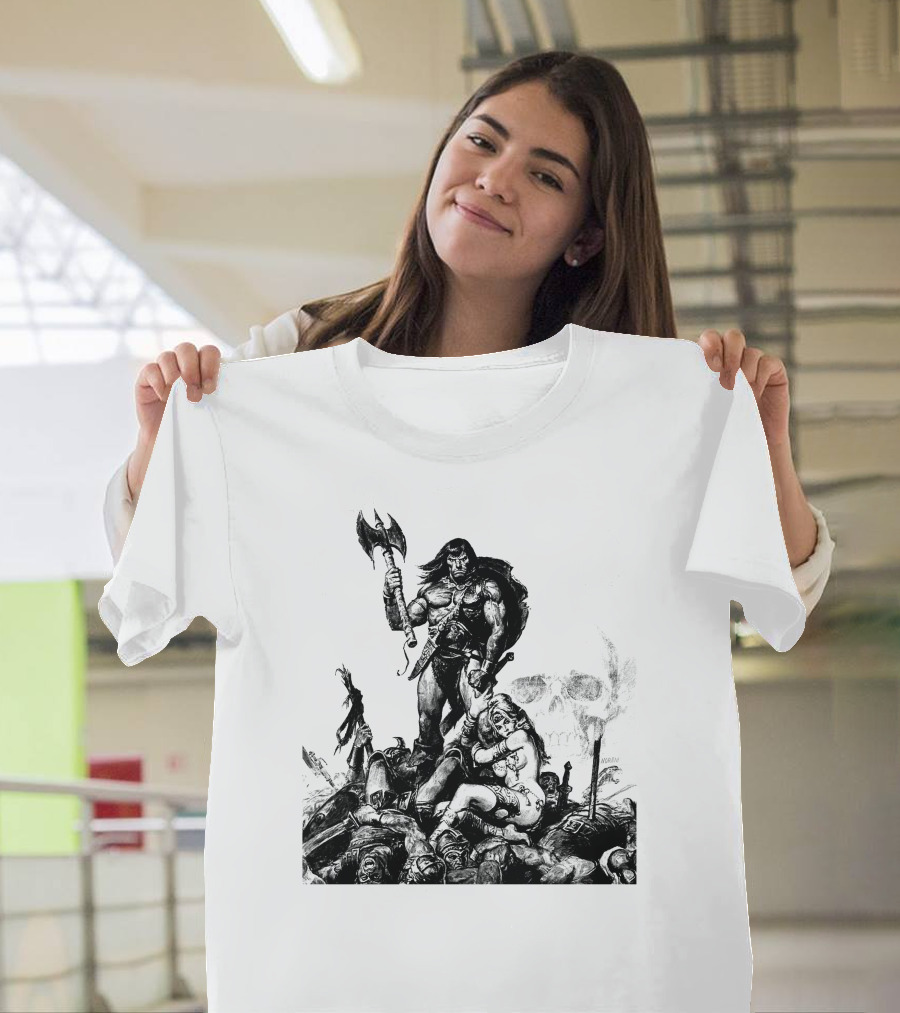 Conan Barbarian Warrior Standing On Battlefield With Axe And Skull In Background T-Shirt