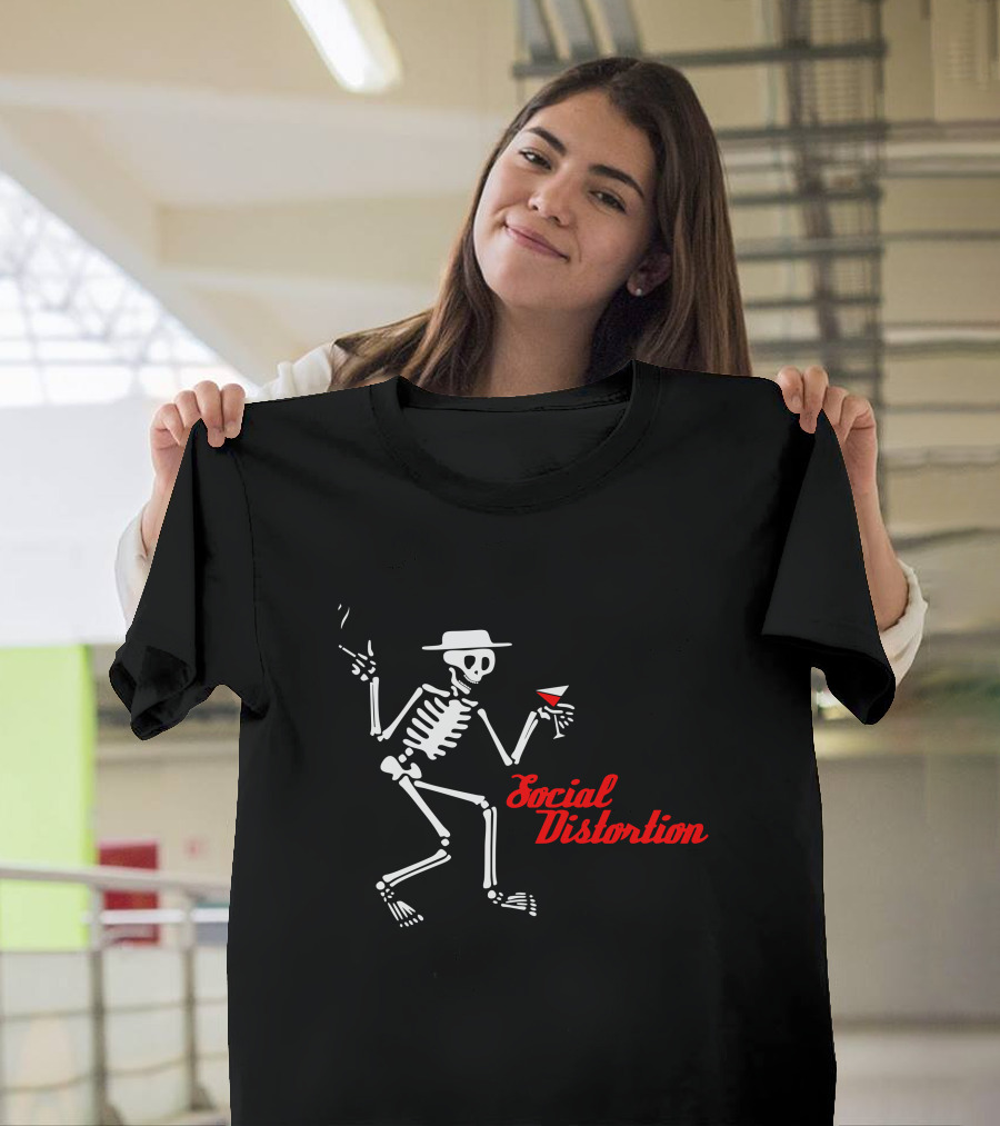 Sdt 17 Social Distortion Skeleton Smoking And Drinking Martini T-Shirt