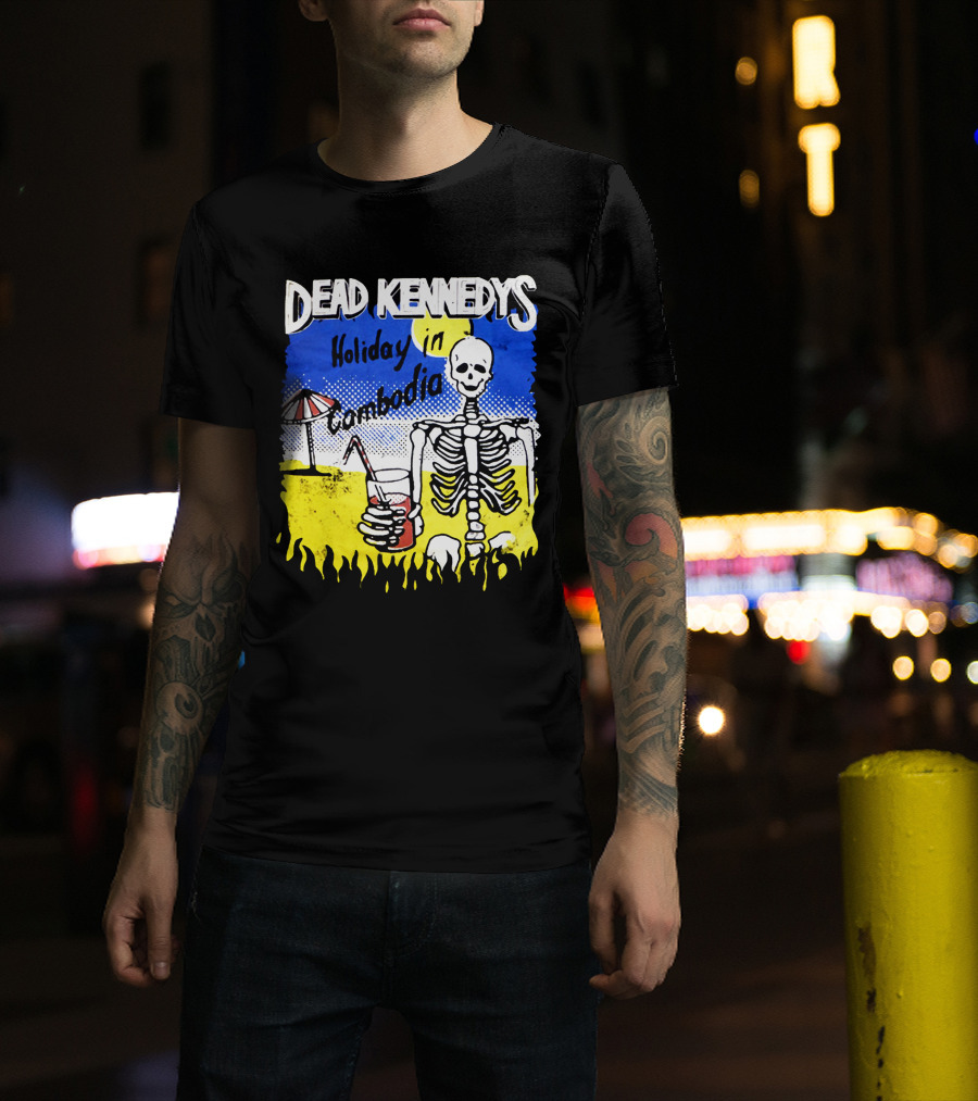 Dead Kennedys Holiday In Cambodia Skeleton Drink Umbrella Scene T-Shirt