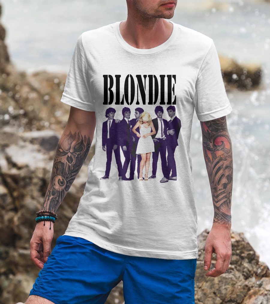 Blondie Band Classic Group Pose Black And White Borderline White Dress T-Shirt