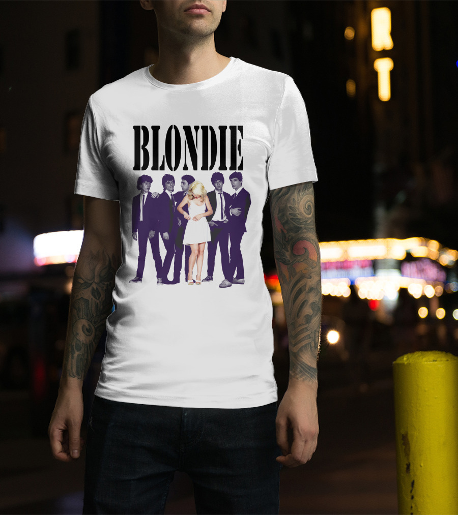 Blondie Band Classic Group Pose Black And White Borderline White Dress T-Shirt