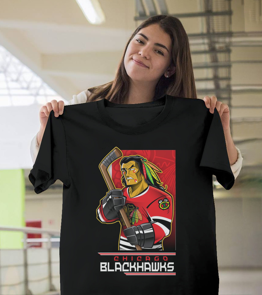 Chicago Blackhawks Hockey Player With Logo And Feathered Headdress T-Shirt