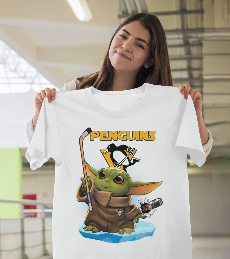 Baby Yoda Holding Hockey Stick With Pittsburgh Penguins T-Shirt