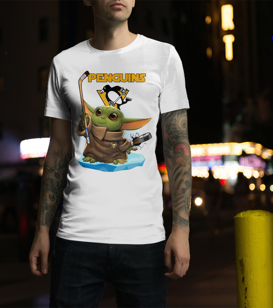 Baby Yoda Penguins Puck And Hockey Stick With Pittsburgh Penguins T-Shirt