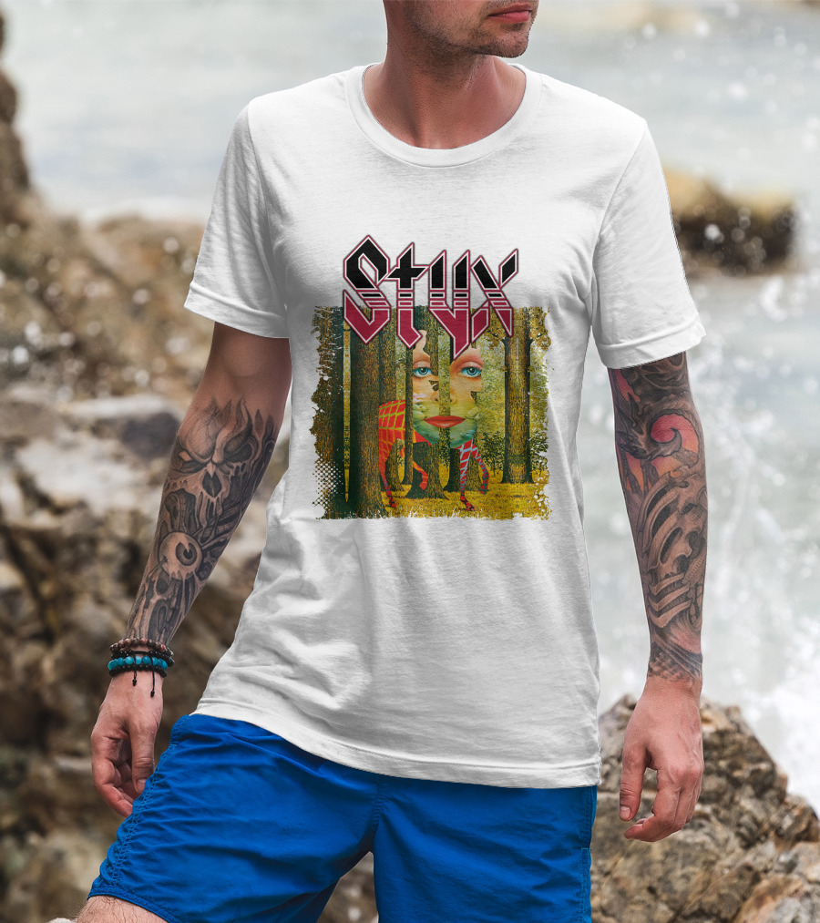 Styx Forest Face With Stylized Red Typography T-Shirt