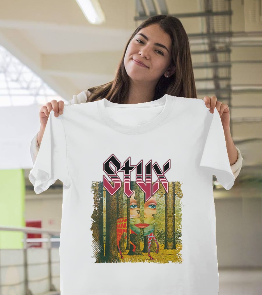 Styx Forest Face With Stylized Red Typography T-Shirt