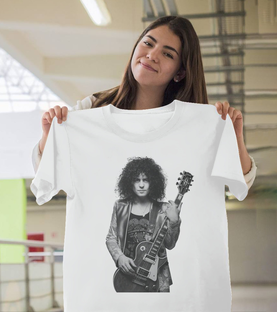 Marc Bolan With Gibson Les Paul Guitar Iconic Black And White T-Shirt