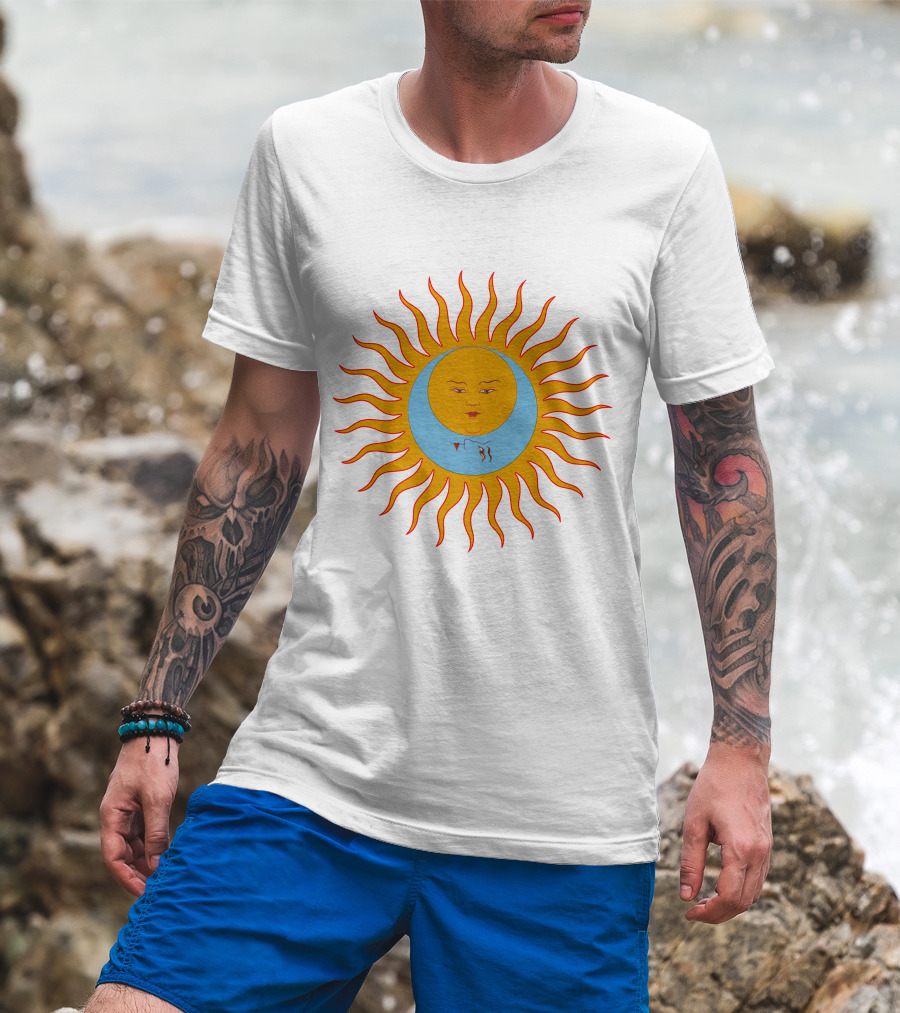 Crimson Red Sun Face Icon On Blue And Orange T-Shirt