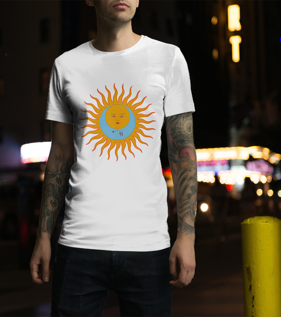 Crimson Red Sun Face Icon On Blue And Orange T-Shirt