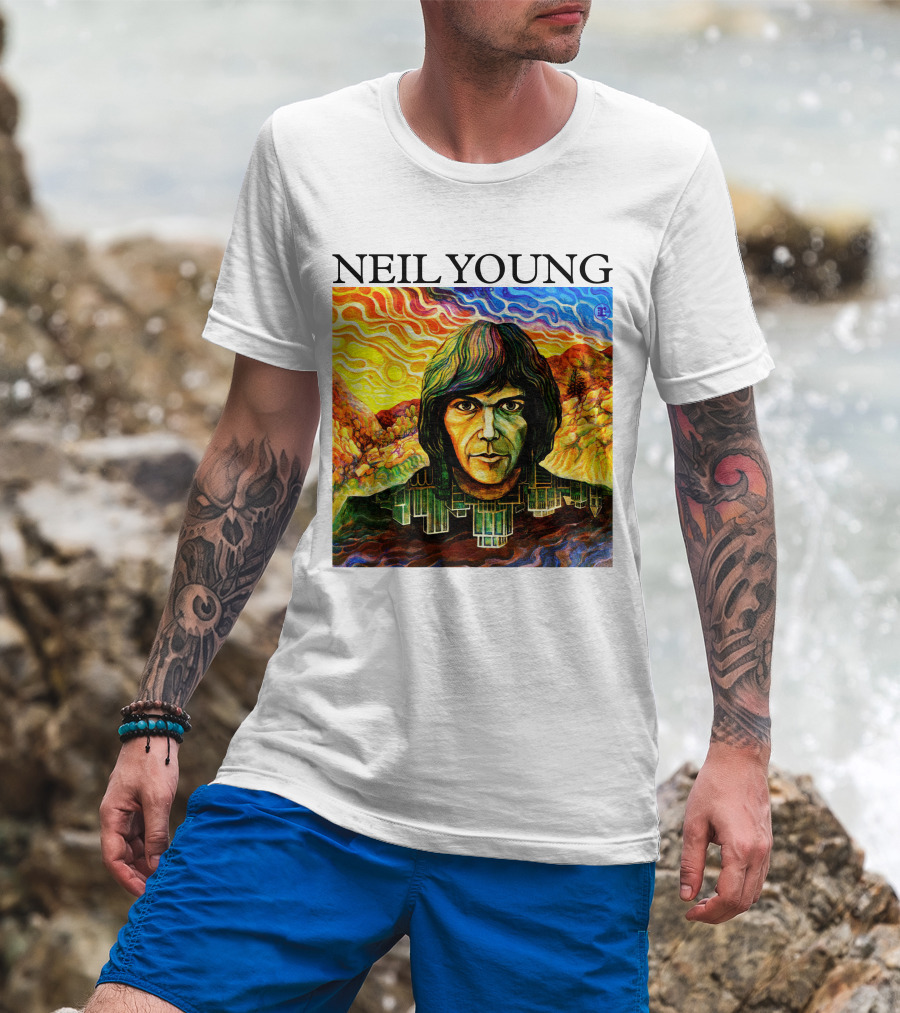 Neil Young Vibrant Portrait And Cityscape Fusion T-Shirt