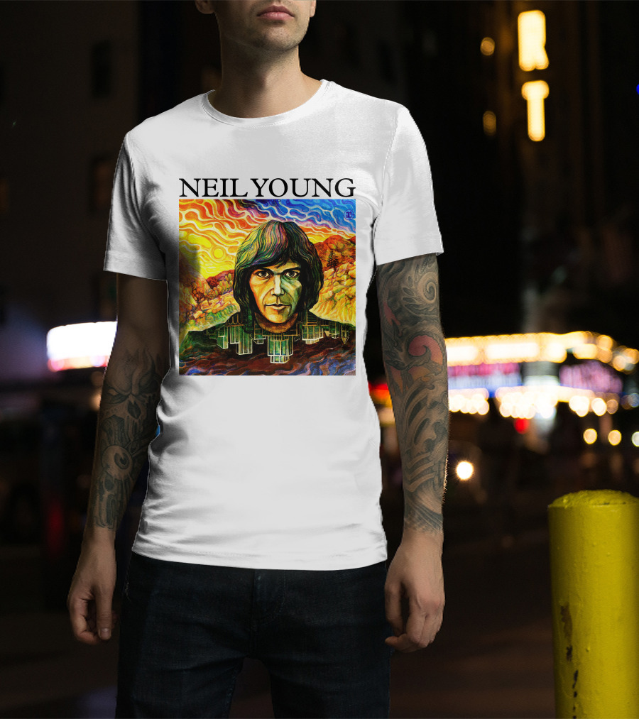 Neil Young Vibrant Portrait And Cityscape Fusion T-Shirt