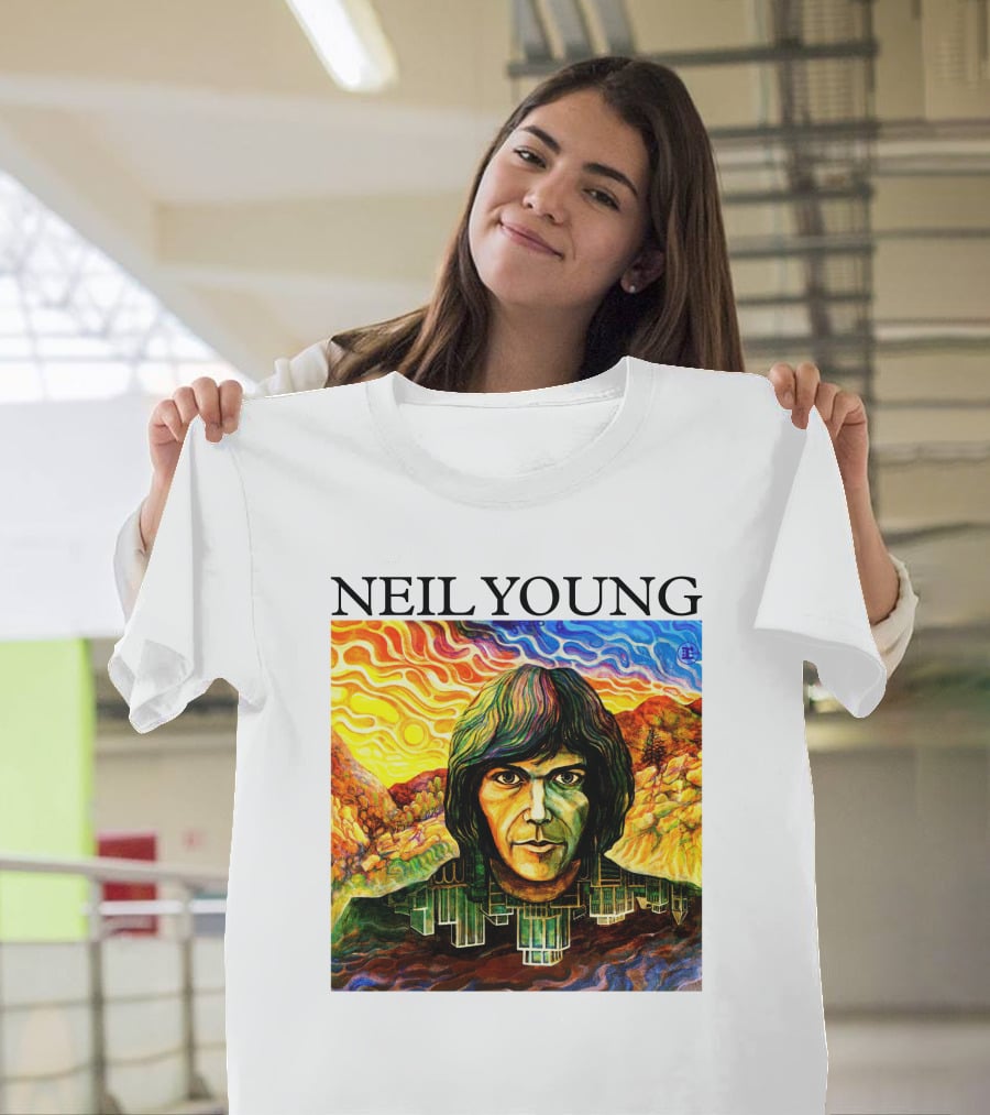 Neil Young Vibrant Portrait And Cityscape Fusion T-Shirt