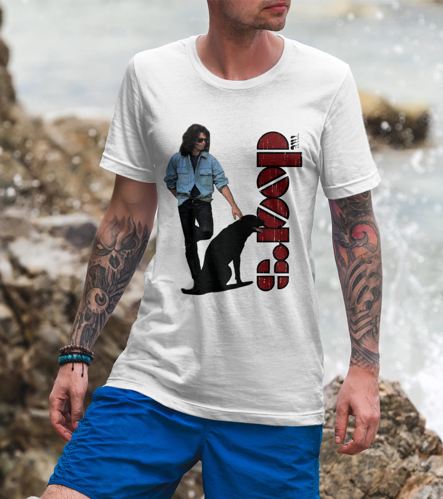 Jim Morrison Style With Dog And Retro Script T-Shirt