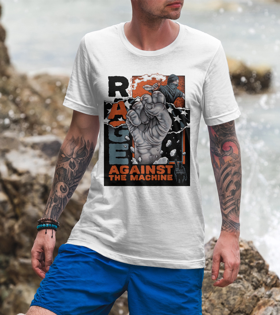 Rage Against The Machine Fist With Star Pattern And Hooded Figure T-Shirt