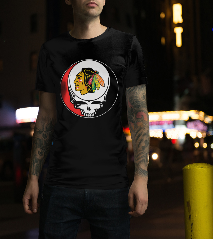 Chicago Blackhawks Grateful Dead Skull Logo Fusion T-Shirt