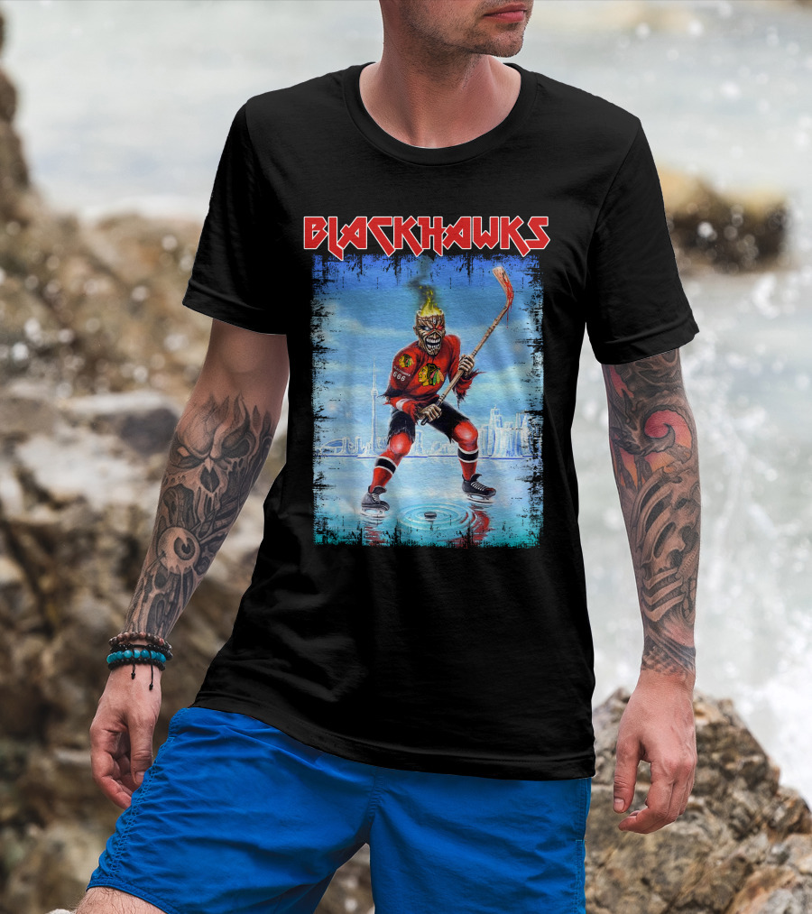 Blackhawks Ice Hockey Skeleton Player With Flaming Head And Hockey Stick T-Shirt