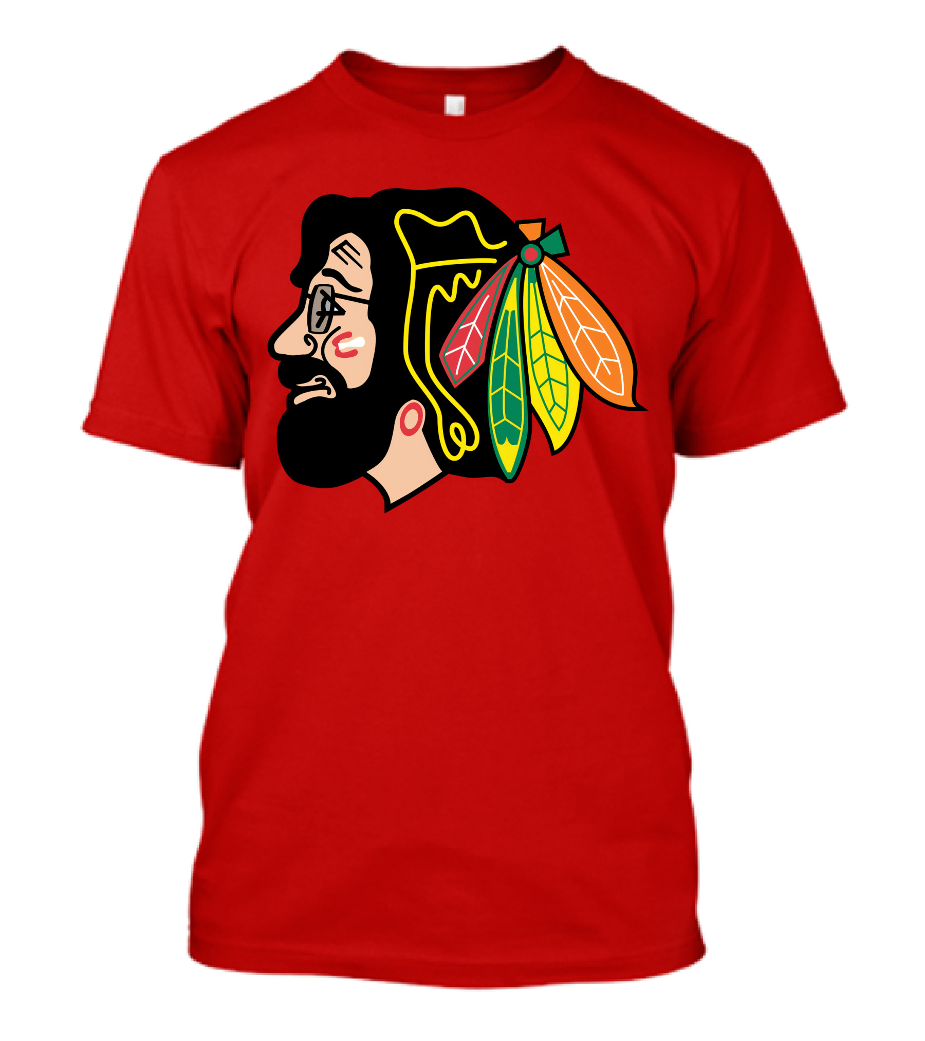 Chicago Blackhawks 1 Portrait With Feathered Headdress On Red T-Shirt