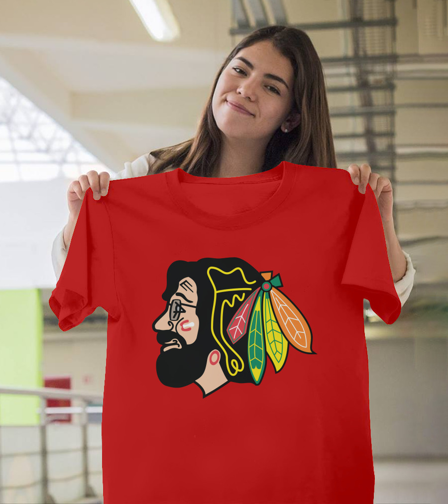 Chicago Blackhawks 1 Portrait With Feathered Headdress On Red T-Shirt