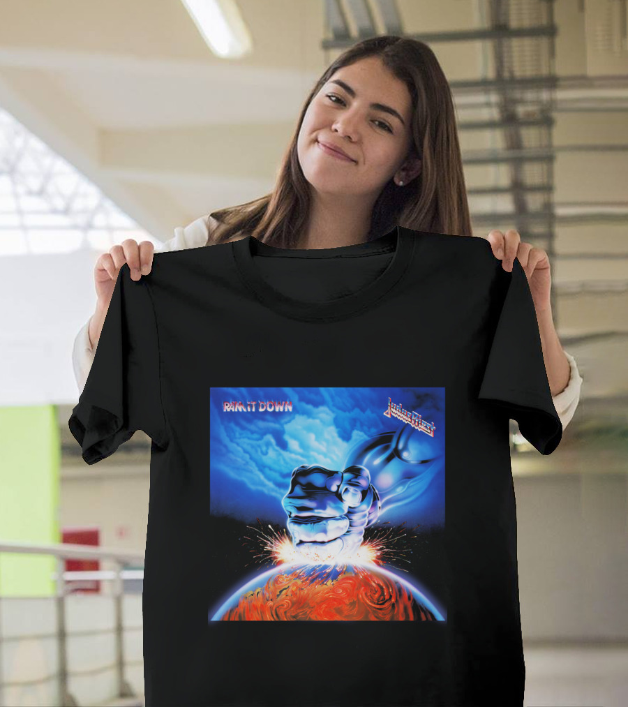 Judas Priest Ram It Down Album Cover Fiery Earth Fist Explosion T-Shirt