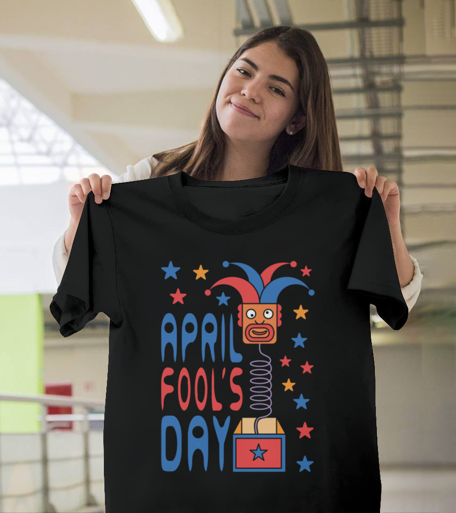 April Fool's Day Jack-in-the-Box Stars and Jester Hat T-Shirt