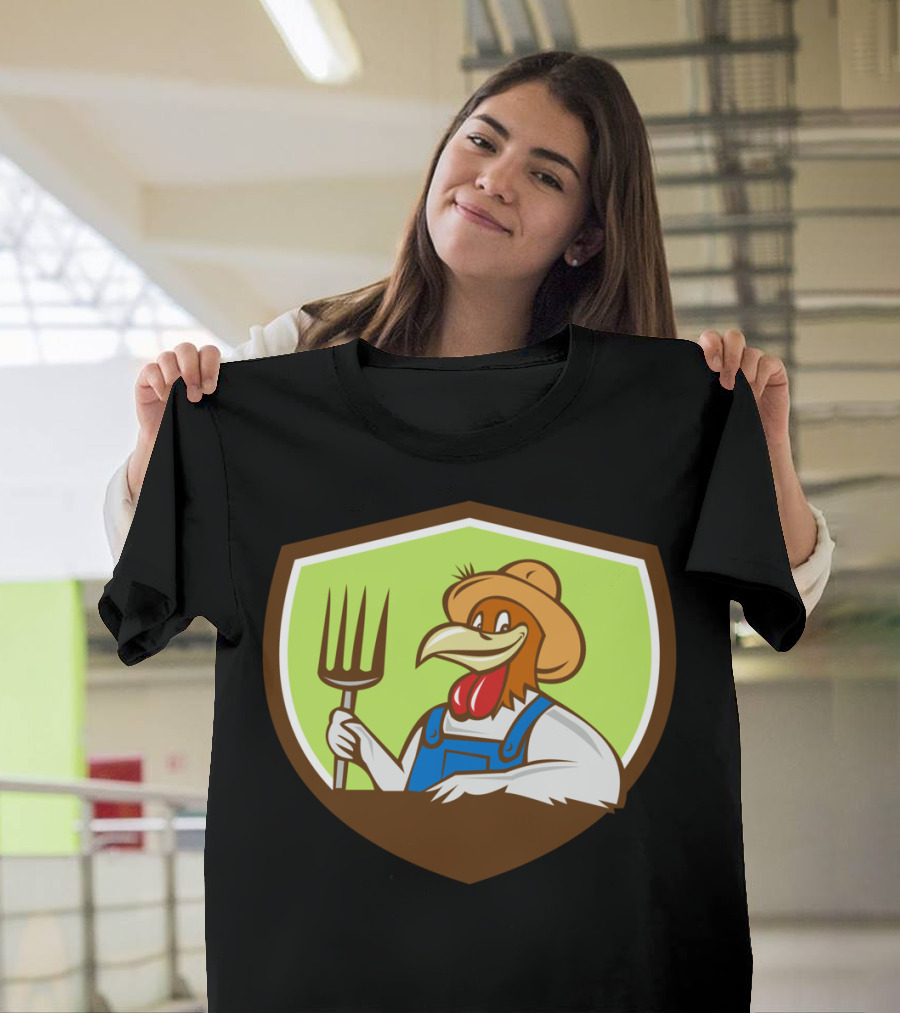 Chicken Farmer Crest with Pitchfork and Hat T-Shirt