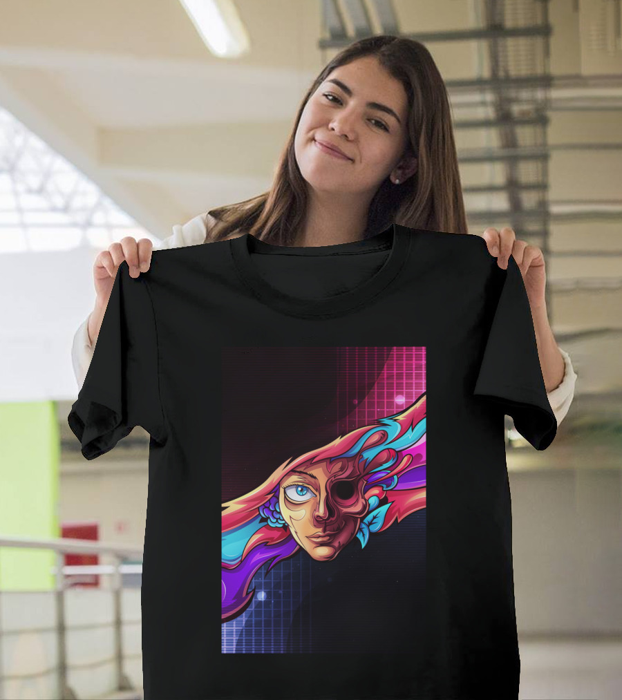 Crumbling Complexion Art Prin Colorful Surreal Half-Face w/ Fluid Waves T-Shirt