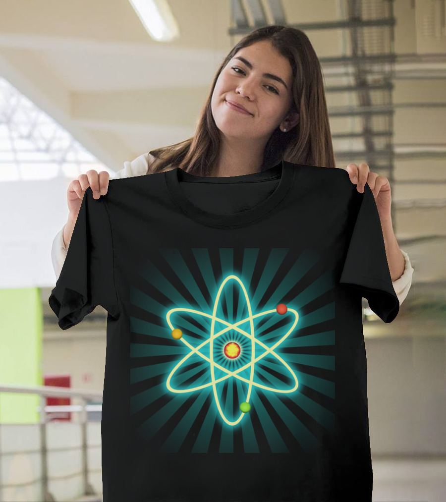 Atom Neon Glowing Electron Orbit With Red Center T-Shirt