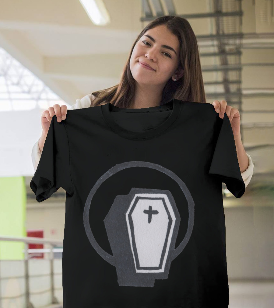 Sacred Coffin with Black and White Cross Symbol in Circle T-Shirt